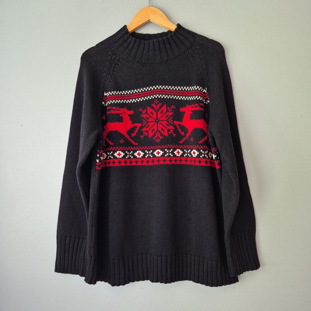 NWT Chaps Black Mock Neck Holiday Reindeer Fair Isle Snowflake Sweater Womens XL